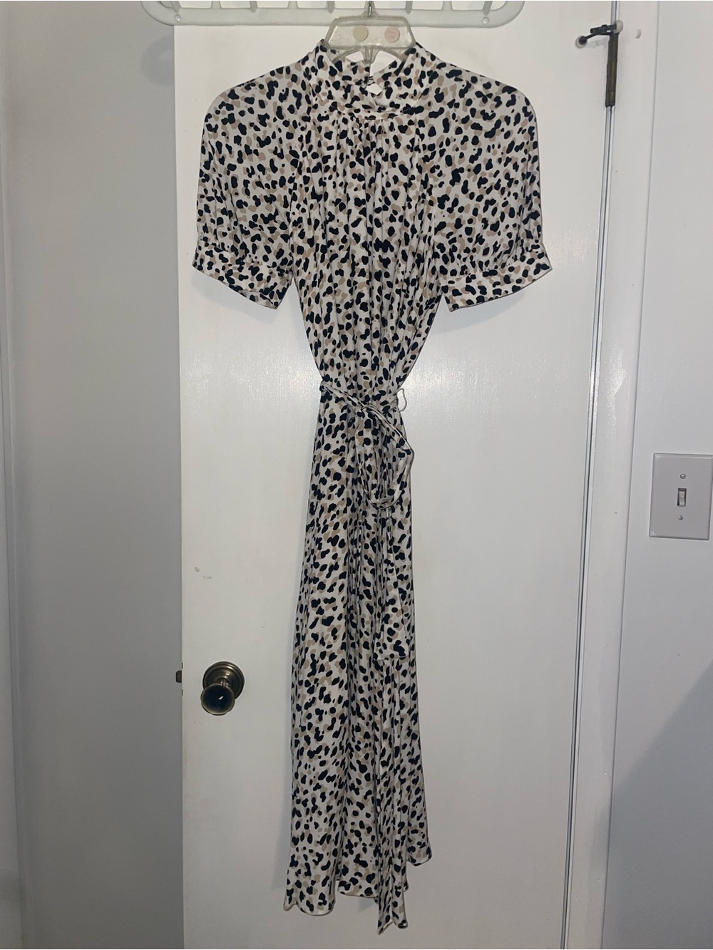 Ann Taylor Leopard Print Tie-Waist Midi Dress in Ivory and Black